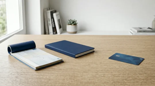 Un chéquier bancaire français et une carte bancaire côte à côte sur un bureau minimaliste, symbolisant la coexistence des moyens de paiement traditionnels et modernes