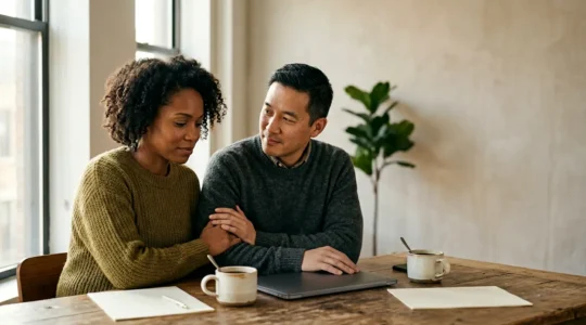 Couple réfléchissant ensemble sur la gestion de leurs finances personnelles