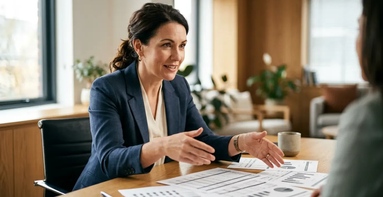 Conseiller financier analysant des documents de crédit immobilier dans un bureau moderne
