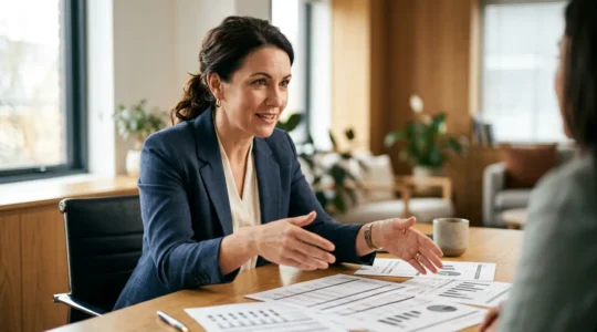 Conseiller financier analysant des documents de crédit immobilier dans un bureau moderne