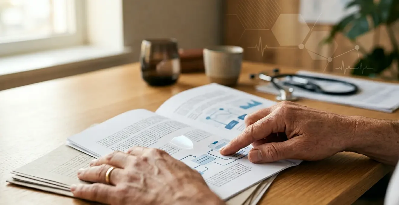 Consultation approfondie d'un document de santé avec éléments symboliques de protection