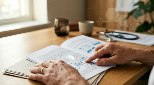 Consultation approfondie d'un document de santé avec éléments symboliques de protection