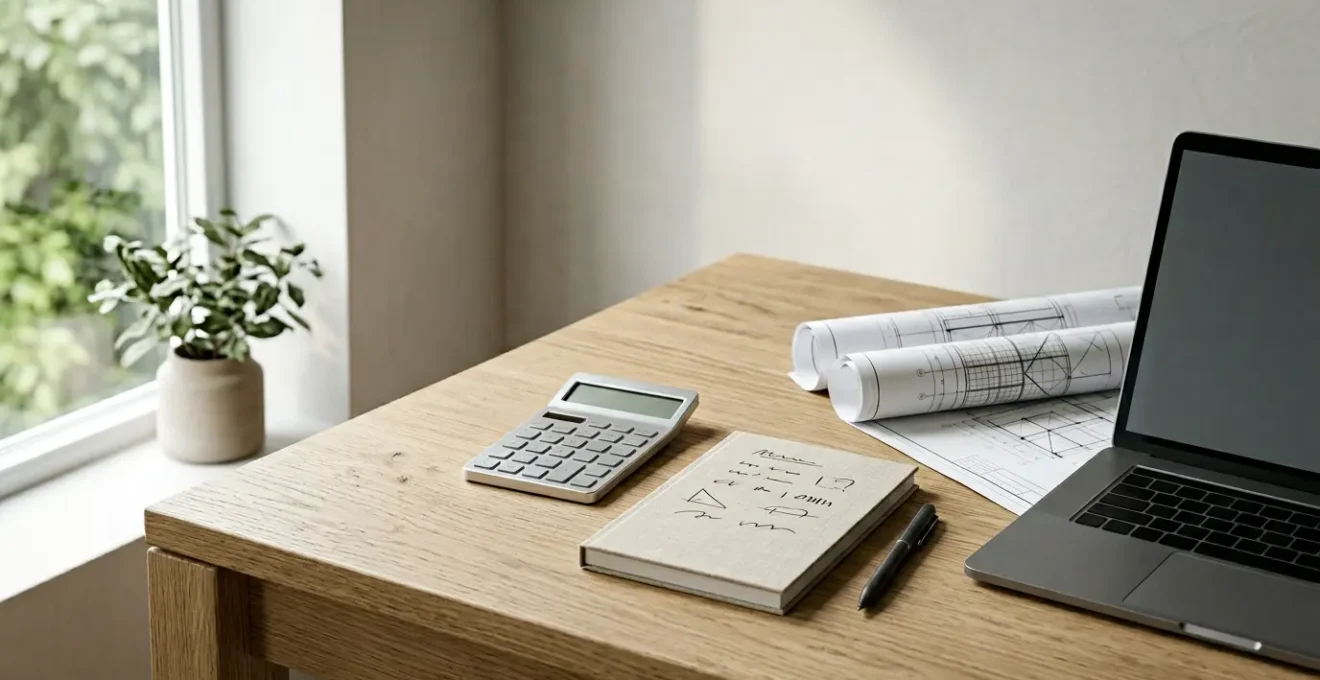 Vue d'ensemble minimaliste d'un espace de travail avec calculatrice et documents financiers sur une table épurée