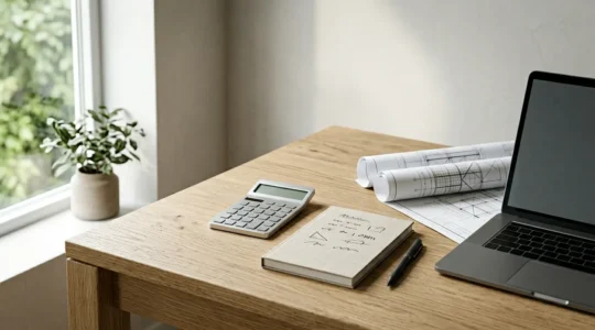Vue d'ensemble minimaliste d'un espace de travail avec calculatrice et documents financiers sur une table épurée