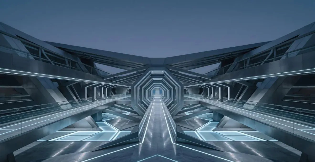 Vue architecturale minimaliste d'une infrastructure de paiement bancaire avec circuits lumineux évoquant le repos nocturne