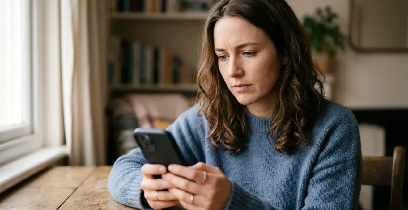 Personne consultant son téléphone pour effectuer un virement bancaire, hésitant entre rapidité et coût