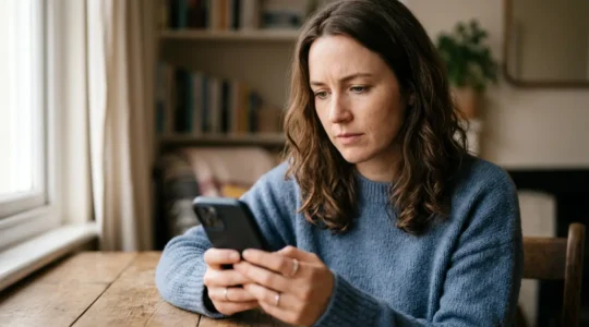 Personne consultant son téléphone pour effectuer un virement bancaire, hésitant entre rapidité et coût