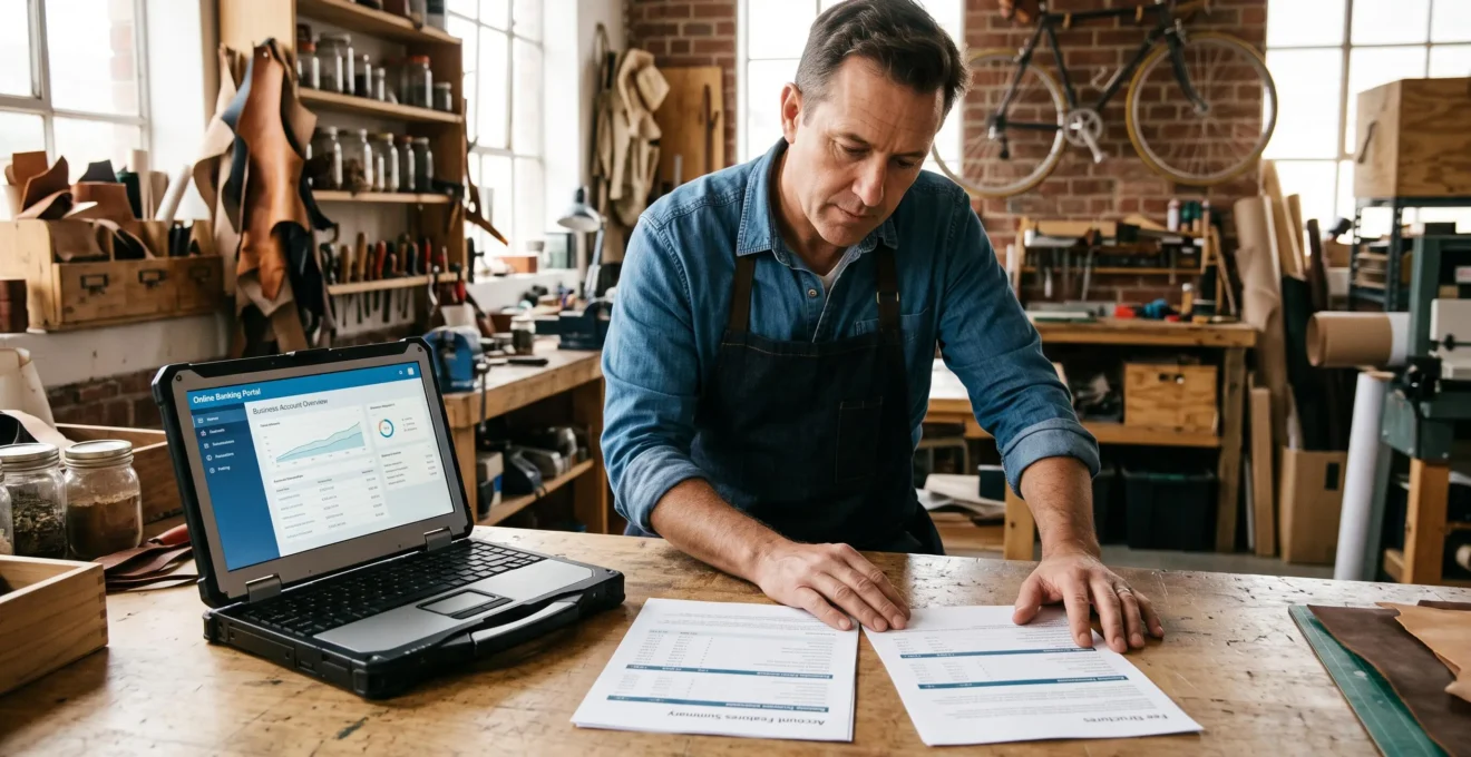 Un artisan compare deux propositions de compte professionnel sur son bureau d'atelier.