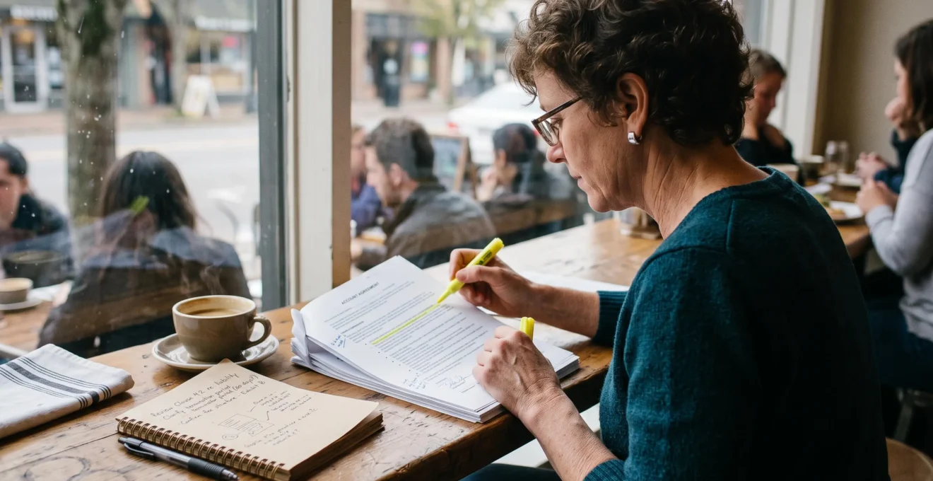 Une cheffe d'entreprise surligne des passages d'une convention de compte à une table de café.