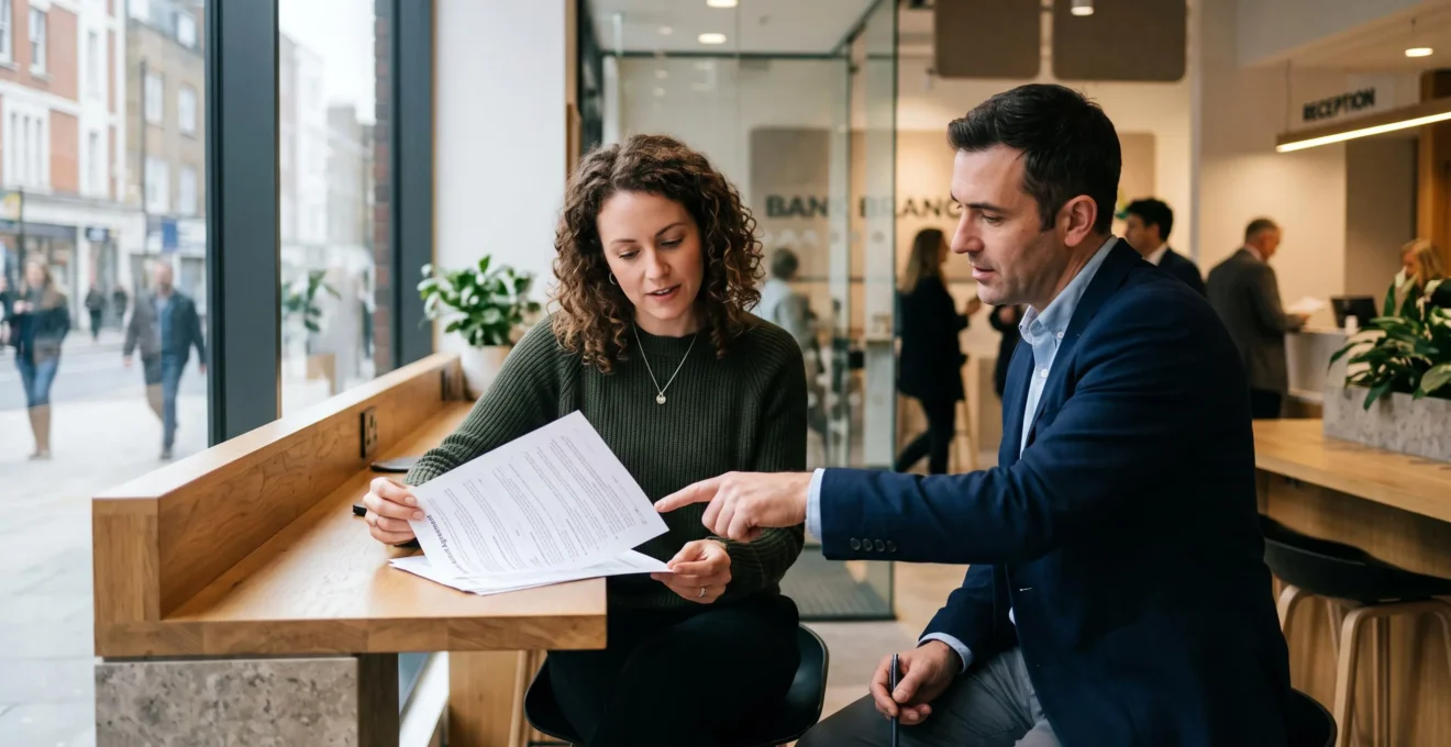 Un entrepreneur examine une convention de compte avec un conseiller en agence bancaire.