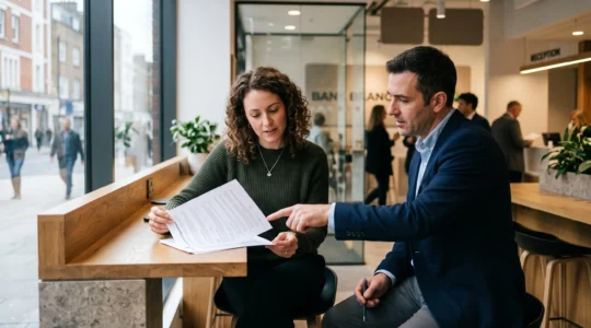 Un entrepreneur examine une convention de compte avec un conseiller en agence bancaire.